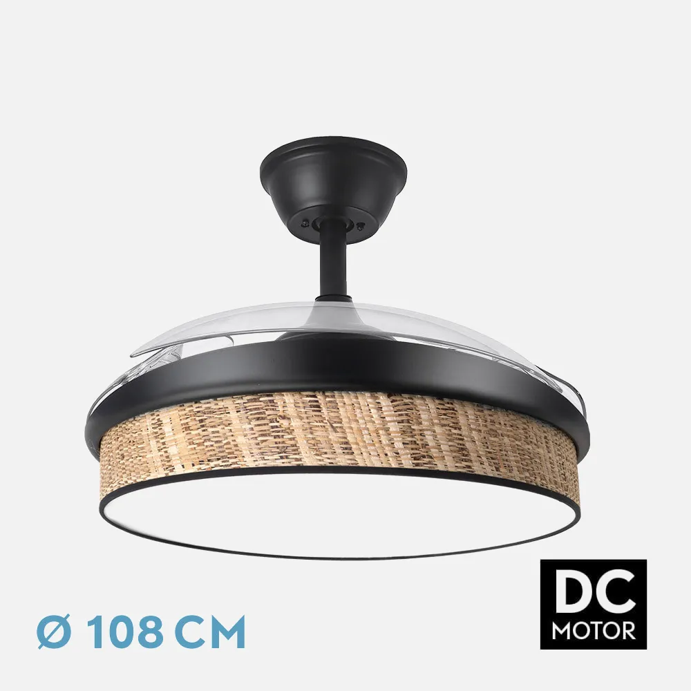 212490709 - Ventilador Dc Moda 72w Negro/cañizo Oscuro 108d 3aspas 7200lm 3000k,4000k,6000k Remoto+memoria+temporizador