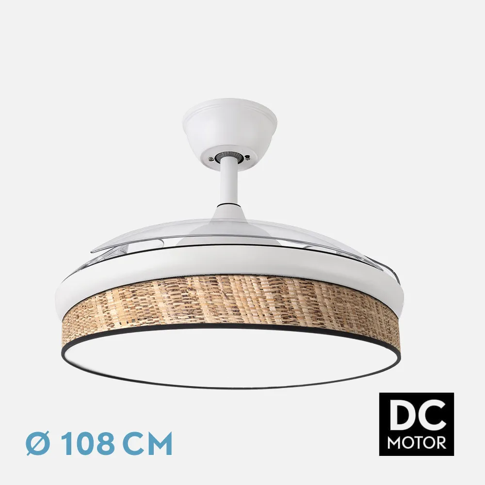 212490701 - Ventilador Dc Moda 72w Blanco/cañizo Oscuro 108d 3aspas 7200lm 3000k,4000k,6000k Remoto+memoria+temporizador