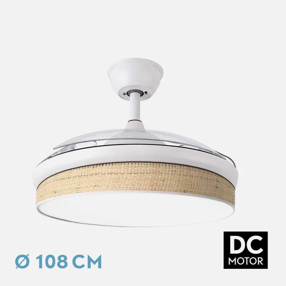 212490601 - Ventilador Dc Moda 72w Blanco/cañizo Claro 108d 3aspas 7200lm 3000k,4000k,6000k Remoto+memoria+temporizador
