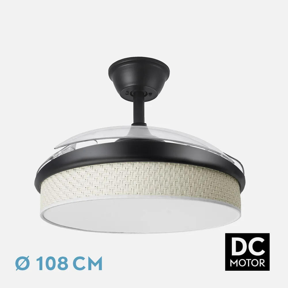212490509 - Ventilador Dc Moda 72w Negro/cañizo Blanco 108d 3aspas 7200lm 3000k,4000k,6000k Remoto+memoria+temporizador