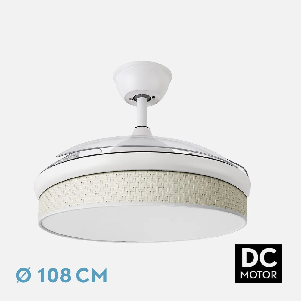 212490501 - Ventilador Dc Moda 72w Blanco/cañizo Blanco 108d 3aspas 7200lm 3000k,4000k,6000k Remoto+memoria+temporizador