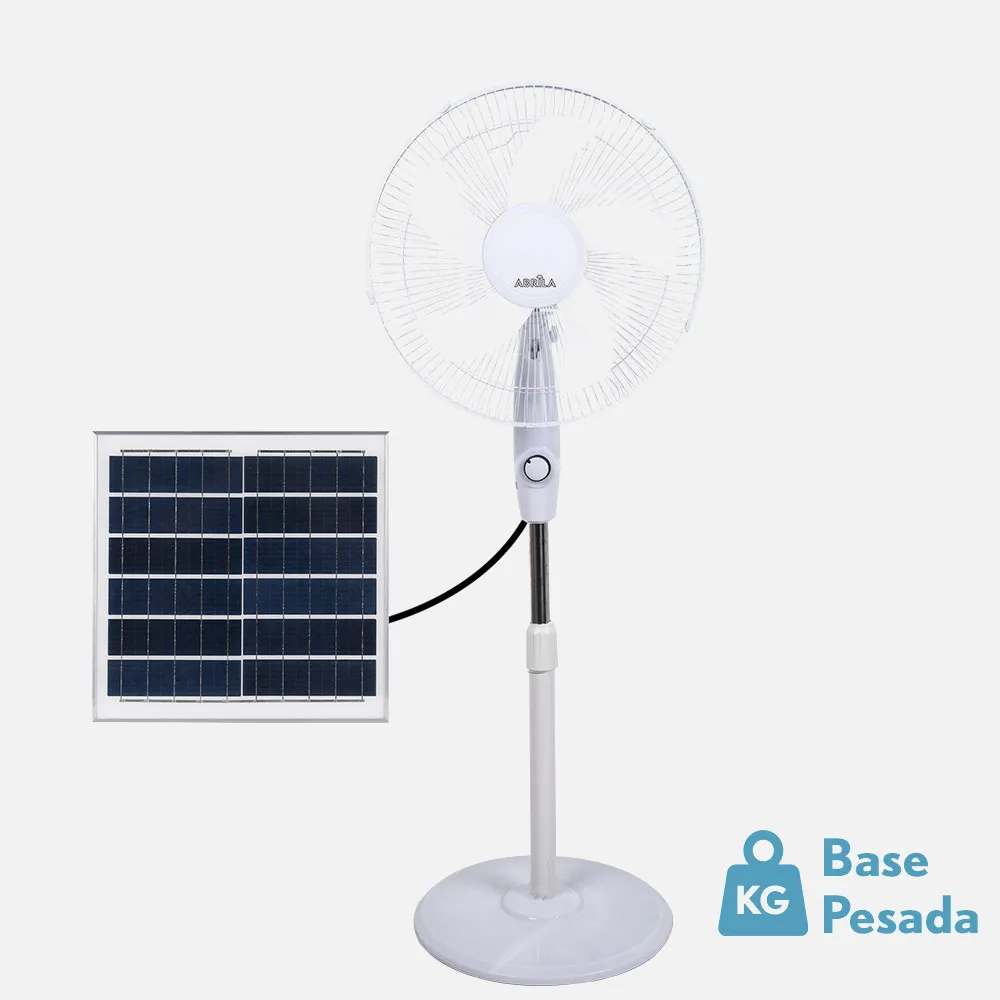 Ventilador De Pie Solar Frontera Blanco 20w 3vel 5aspas Fijo Y Rotatorio Bateria Litio Regx43x38cm