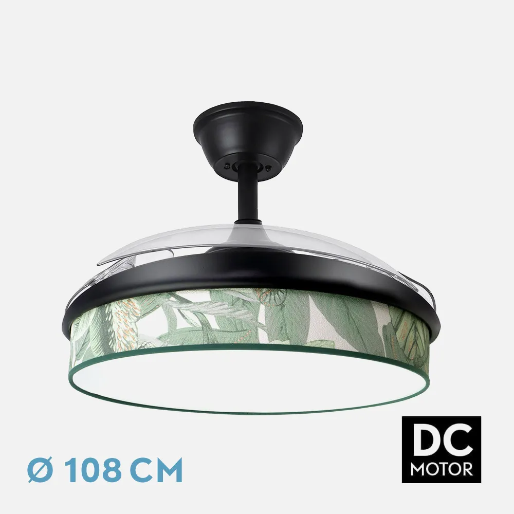 212490109 - Fan DC Fashion 72w Black/Green leaf 108d 3blades 7200lm 3000k,4000k,6000k Remote+memory+timer