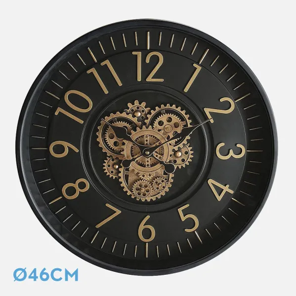 Reloj De Pared Lacio Oro/negro 46x46x8cm Engranajes Con Movimiento