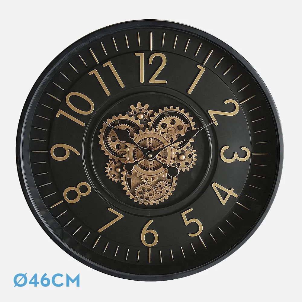Reloj De Pared Lacio Oro/negro 46x46x8cm Engranajes Con Movimiento