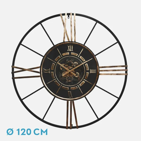 Reloj De Pared Cañete Negro/oro 120x120x8cm Engranajes Con Movimiento