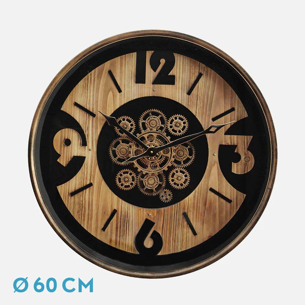 Reloj De Pared Almanzora Negro/haya/oro 60x60x8cm Engranajes Con Movimiento