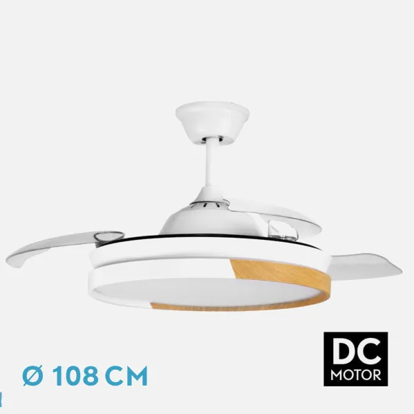 Ventilador Dc Emperador 72w Blanco/haya 3aspas Desplegables 108d 7200lm 3000-4000-6000k Remoto+Reg.Intensidad+Memoria+Temporiz