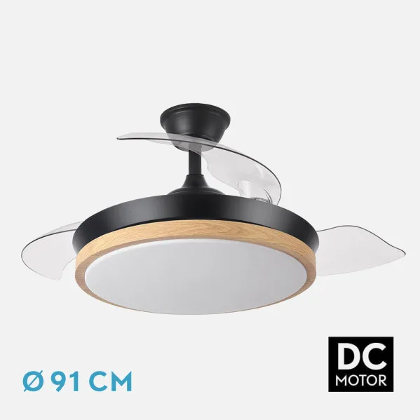 Ventilador Dc Evros Negro/hay 72w 6120lm 91d 3aspas Desplegables 3000-4000-6000k Remoto, Temporizador, Memoria