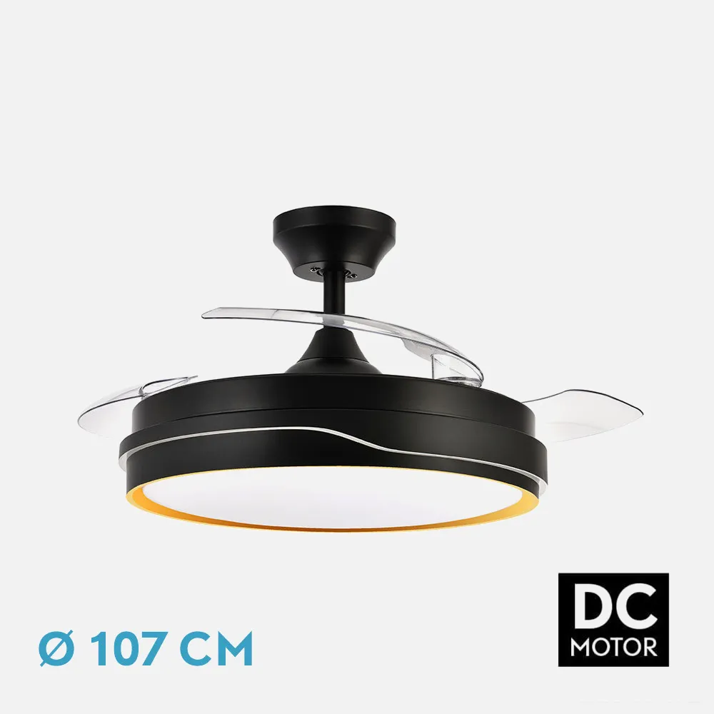 208891316 - Ventilador Dc Tempano Negro/oro 72w 3aspas 107d 7200lm 6vel 3000k,4500k,6000k, Remoto+temporizador+memoria