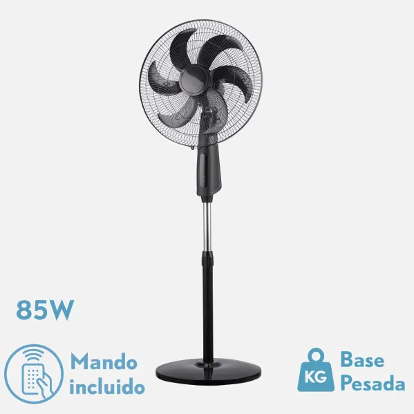 Ventilador De Pie Tolon Negro 3 Vel.85w 6aspas Remoto Temporizador 3modos De Aire Regx50x43 Cm