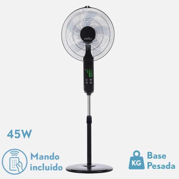 Ventilador De Pie Rodium Negro 3vel 45w Regx43x40cm  Oscilante 5asp.tactil C/remoto Y Temporizador
