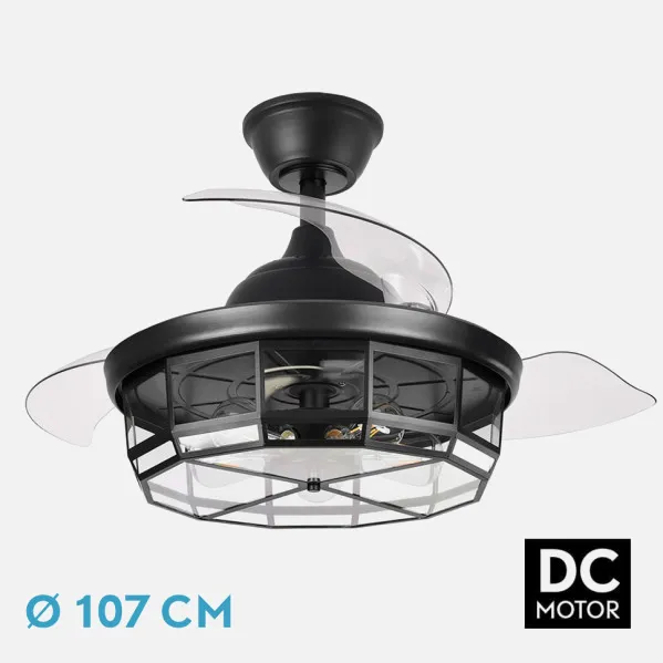Ventilador Dc Tornado Negro 5xe27 107d 3aspas Desplegables 6velocidades C/remoto Y Temporizador