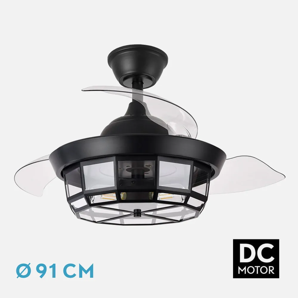 222699009 - Ventilador Dc Tornado Mini Negro 3xe27 91d 3aspas Desplegables 6velocidades C/remoto Y Temporizador