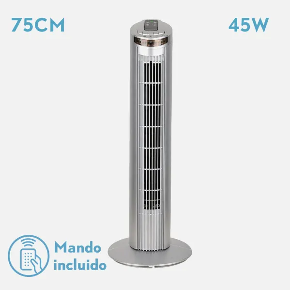 Ventilador De Torre Orbigo Plata 3vel 45w C/remoto  Oscilante Temporizador 75x27x27cm