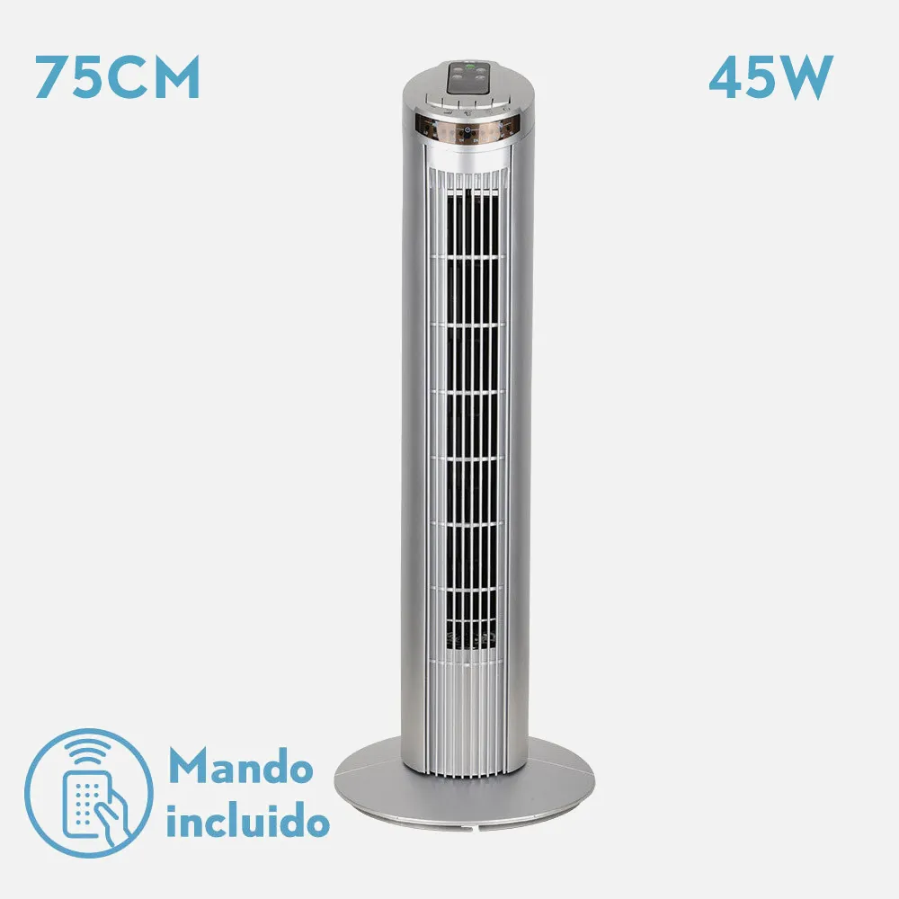 Ventilador De Torre Orbigo Plata 3vel 45w C/remoto  Oscilante Temporizador 75x27x27cm
