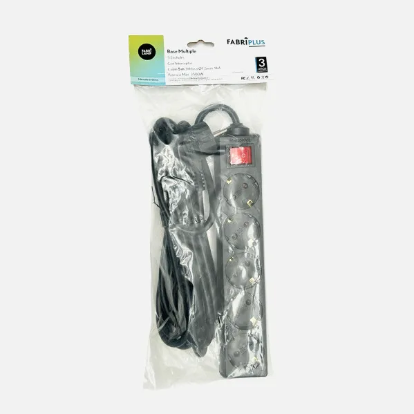 Base Multiple Negro 5 Enchuf. E Interrup.cable 5m  3gx1,5mm De Cobre 3500w Max