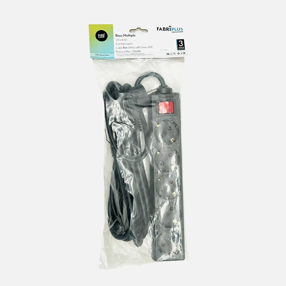 Base Multiple Negro 5 Enchuf. E Interrup.cable 5m  3gx1,5mm De Cobre 3500w Max