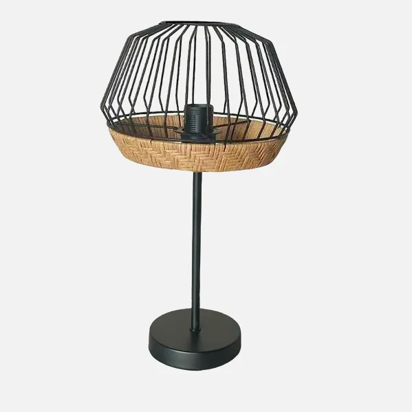Sobremesa Hugo 1xe27 Negro/natural 46x25x25cm C/metal Y Rattan