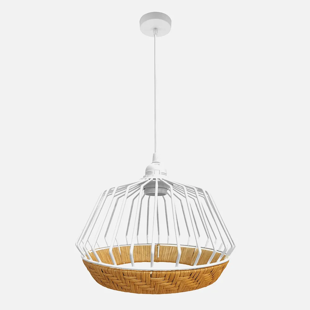 218293668 - Colgante Hugo 1xe27 Blanco/natural Regx36x36cm C/metal Y Rattan
