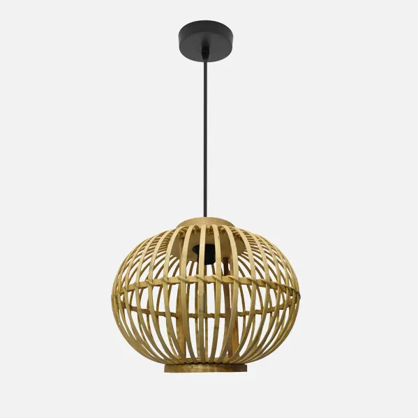 Colgante Guijo Negro/bambu Natural 1xe27 Regx34x34 Cm