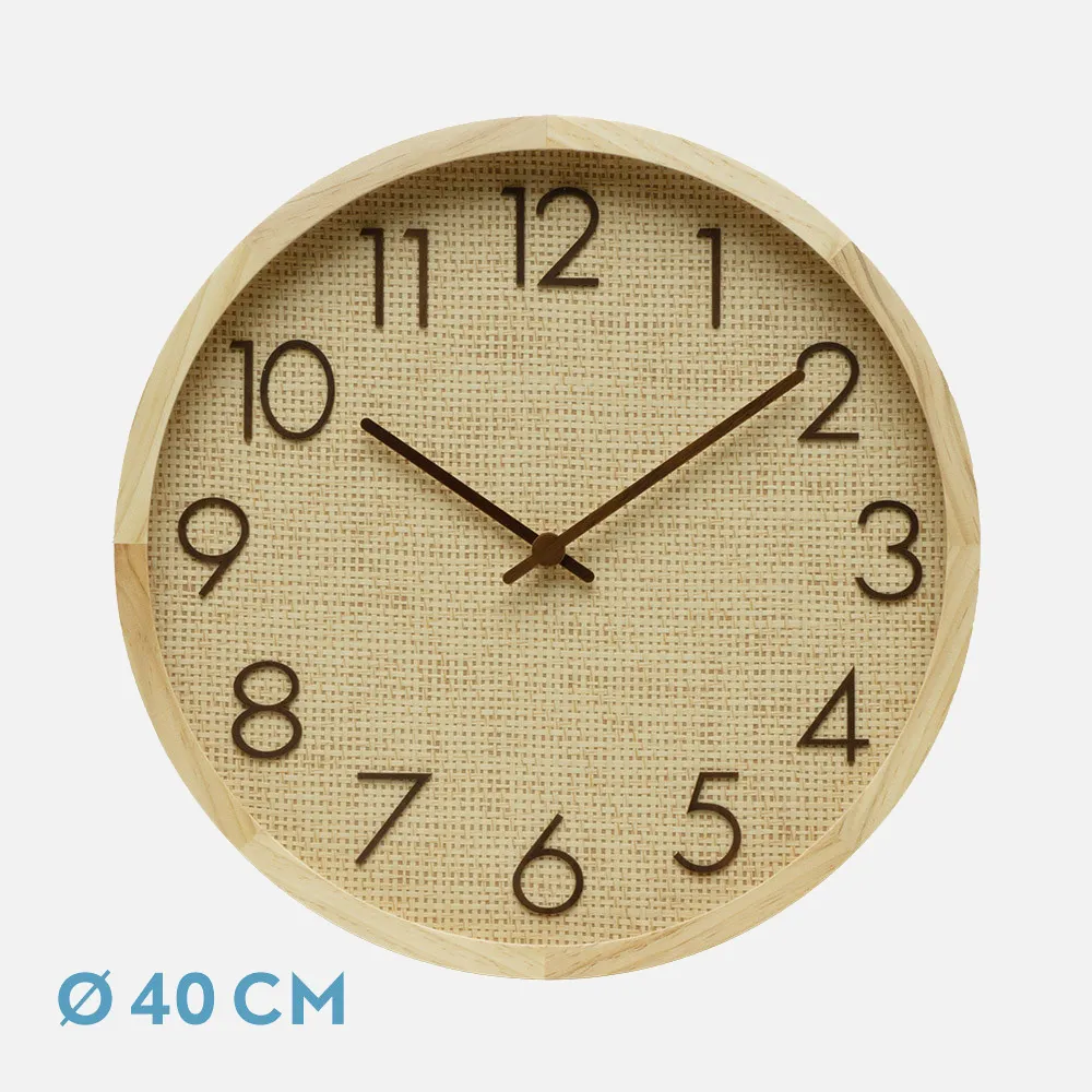 214614085 - Wall Clock Grenoble Beech/Natural Raffia 40x40x4,5cm Continuous Movement