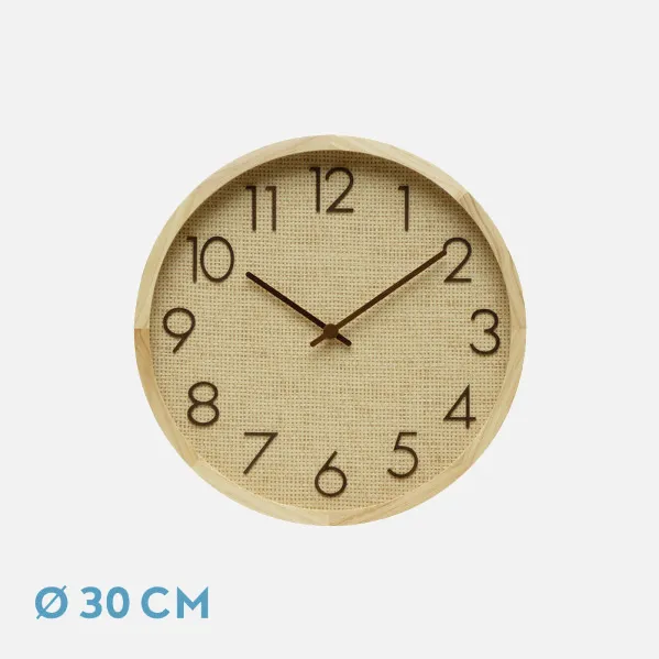 Wall Clock Grenoble Beech/Natural Raffia 30x30x4cm Continuous Movement