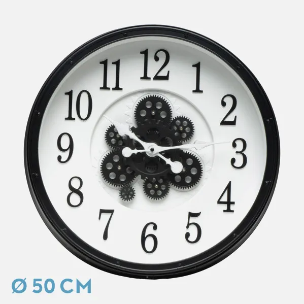 Reloj De Pared Berrocal Negro/blanco 50x50x6cm Engranajes Con Movimiento
