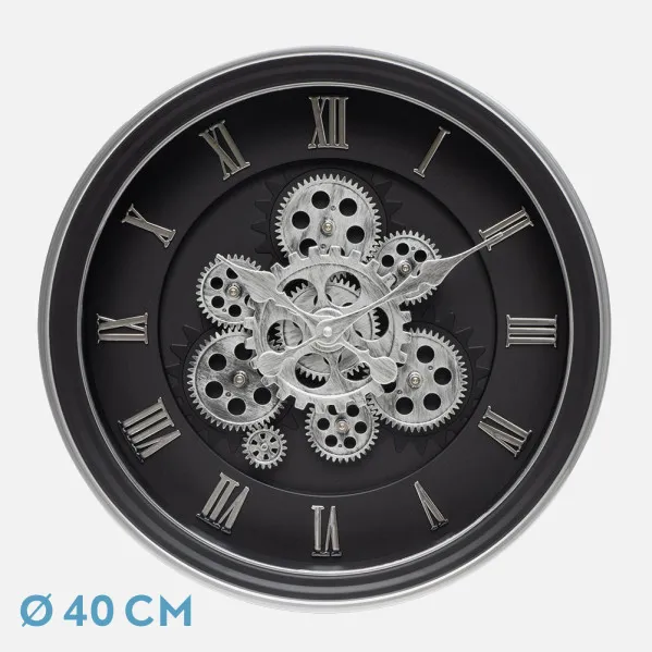 Reloj De Pared Chercos Negro/plata 40x40x7cm Engranajes Con Movimiento