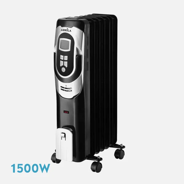 Oil-filled radiator Comfort 1500w 7 elements Black/silver 3 powers Dimmable therm. Timer, Wheels Light ind. 62x34x24cm