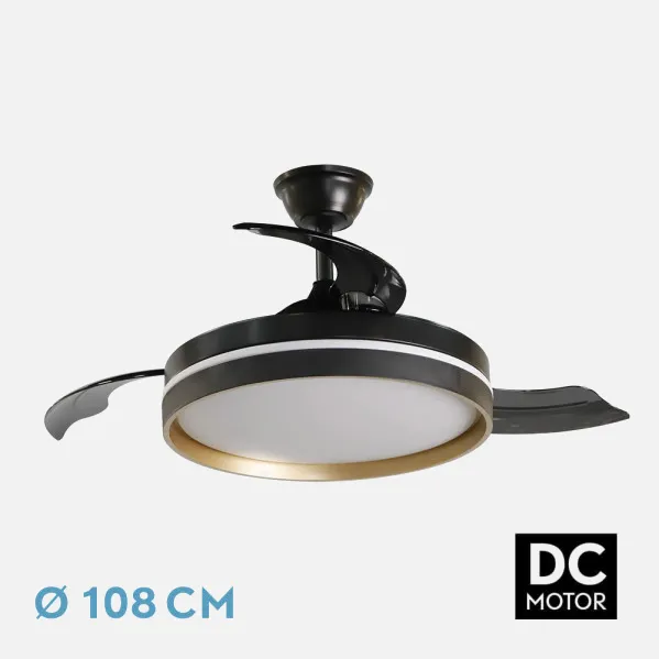 Ventilador Dc Mandarin Negro/oro 72w 3aspas 108d Reg.intensidad 7200lm 3000-4000-6500k Remoto+memoria+temporizador 