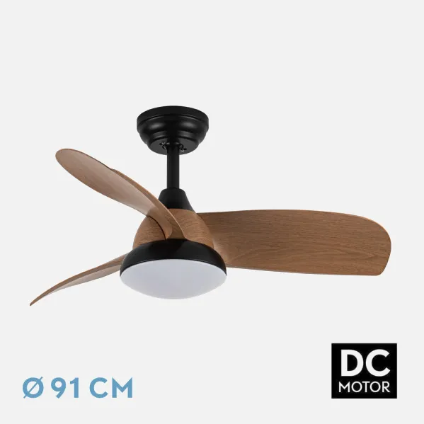 Ventilador Dc Atomo 24w Negro 3aspas Madera Oscura 91d 2640lm 3000k,4000k,6000k Remoto+memoria+temporizador