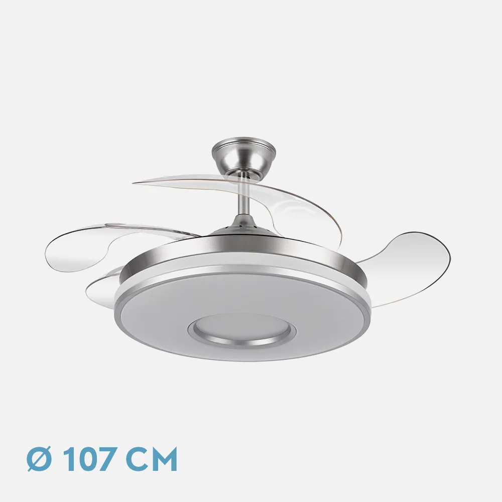 Ventilador Dani 59w 6980lm Niquel 4 Aspas Desplegables 6 Velocidades107d 3000-4000-6000k Remoto, Reg.Int, Memori Y Tempor 