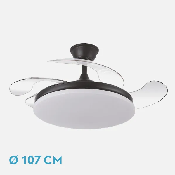 Ventilador Dc Tridente 59w Negro 4aspas Desp. 107d 6980lm Reg.intensidad Remoto+temporizador+memoria 3000-4000-6000k