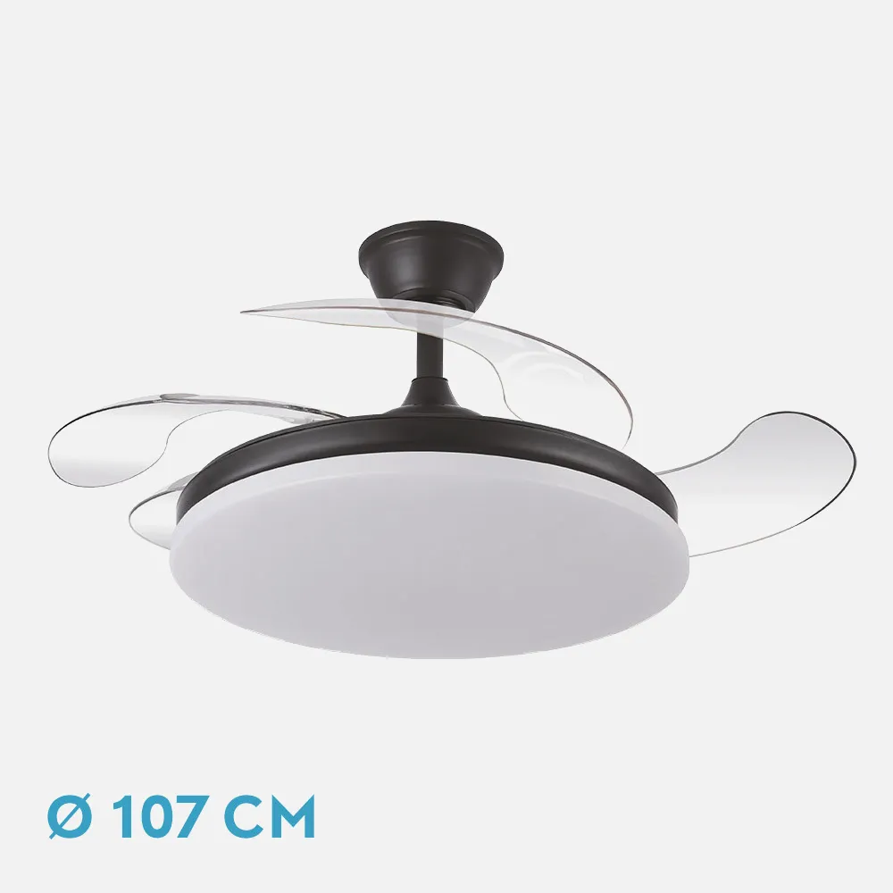 236391309 - Ventilador Dc Tridente 59w Negro 4aspas Desp. 107d 6980lm Reg.intensidad Remoto+temporizador+memoria 3000-4000-6000k