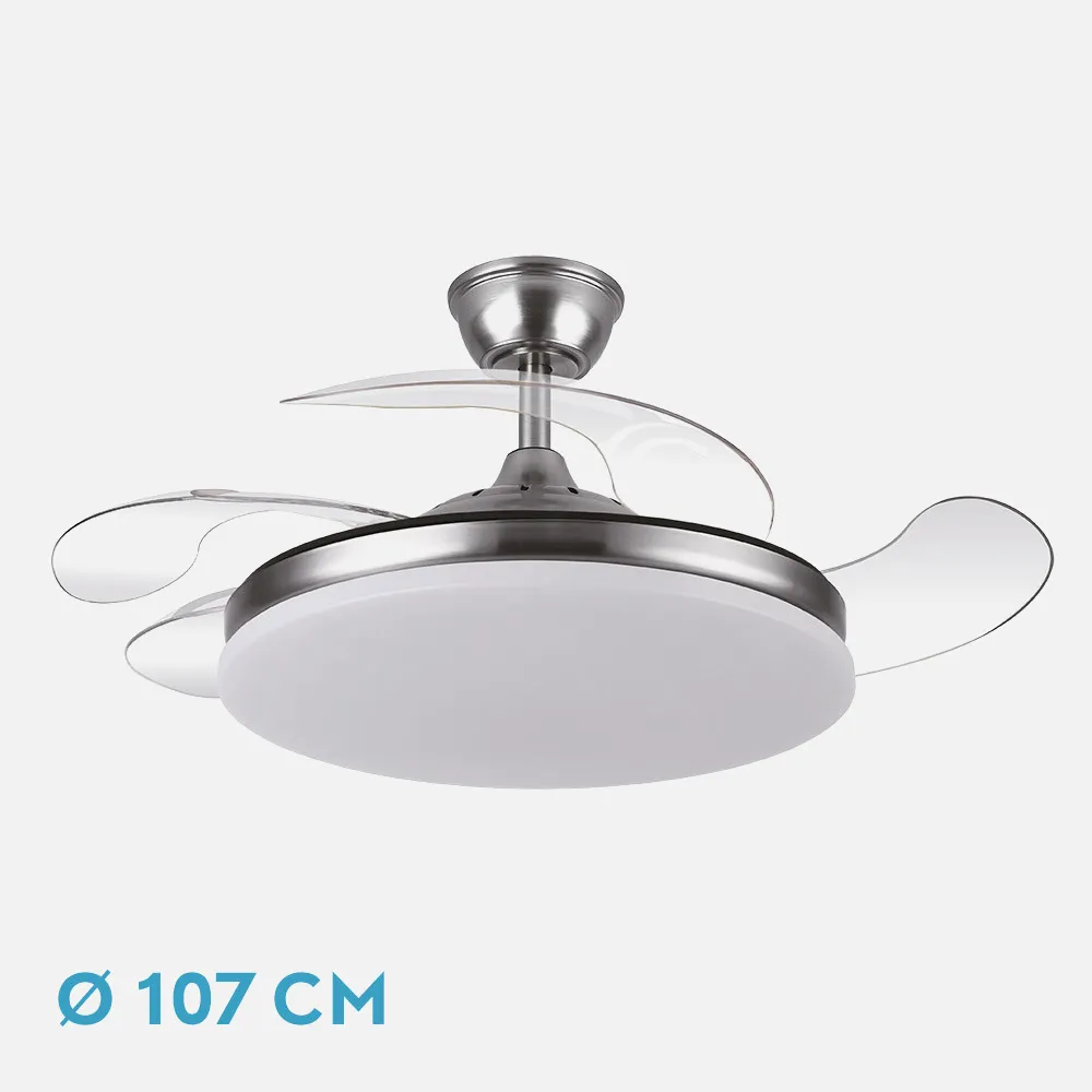 236391303 - Ventilador Dc Tridente 59w Niquel 4aspas Desp.107d 6980lm Reg.intensidad Remoto+temporizador+memoria 3000-4000-6000k