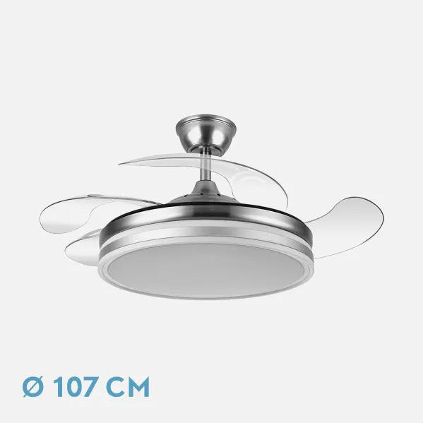 Ventilador Bayomo 59w 6980lm Niquel 4 Aspas Desp. 34,5/42x50/107 D.3 Color. Dc.remoto+Reg.Intensidad