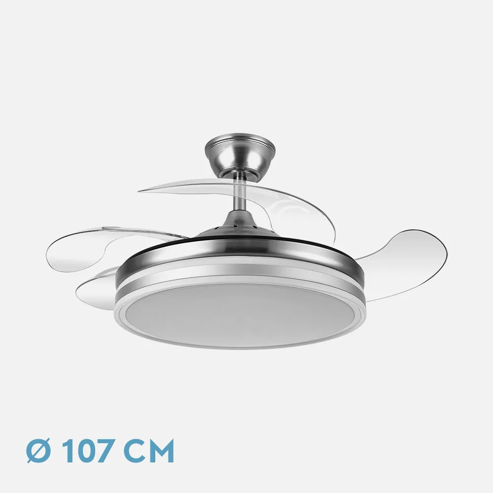 142591403 - Ventilador Bayomo 59w 6980lm Niquel 4 Aspas Desp. 34,5/42x50/107 D.3 Color. Dc.remoto+Reg.Intensidad