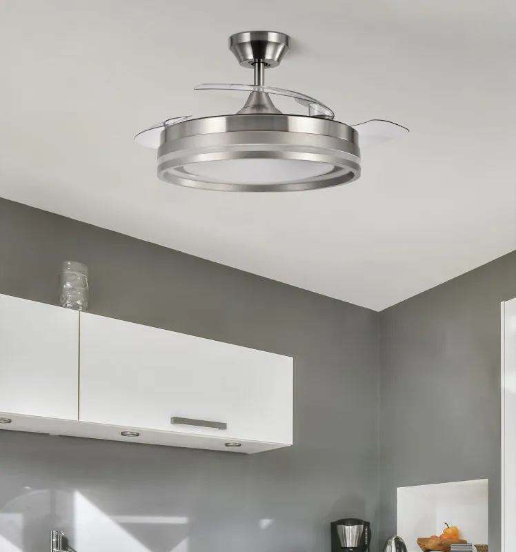 Ventilador Dc Cerrato Niquel 72w 3aspas Desplegables 107d 7200lm 6vel 3000k,4500k,6000k, Remoto+temporizador+memoria