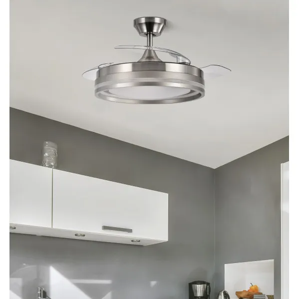 Ventilador Dc Cerrato Niquel 72w 3aspas Desplegables 107d 7200lm 6vel 3000k,4500k,6000k, Remoto+temporizador+memoria