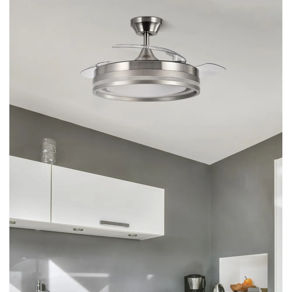 Ventilador Dc Cerrato Niquel 72w 3aspas Desplegables 107d 7200lm 6vel 3000k,4500k,6000k, Remoto+temporizador+memoria