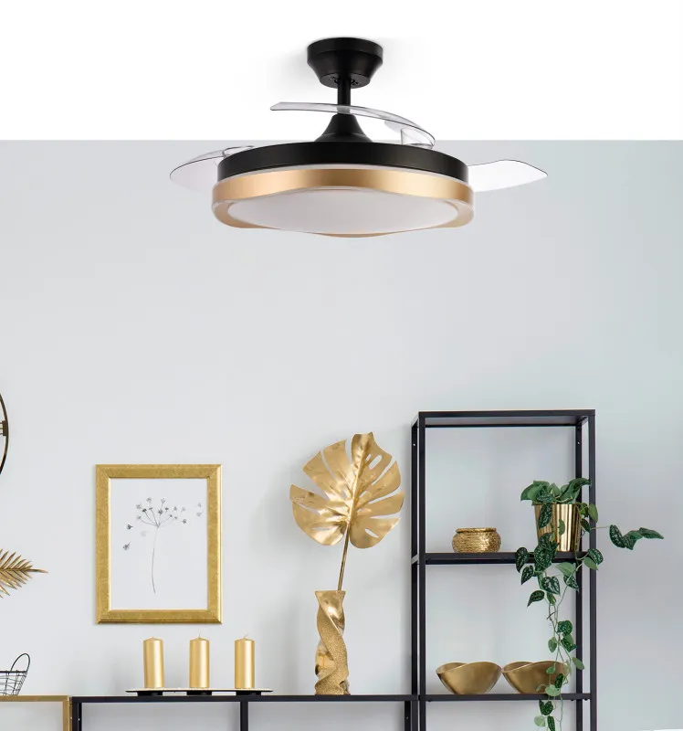 Ventilador Dc Blondi Negro/oro 72w 3aspas 107d 7200lm 6vel 3000k,4500k,6000k, Remoto+temporizador+memoria
