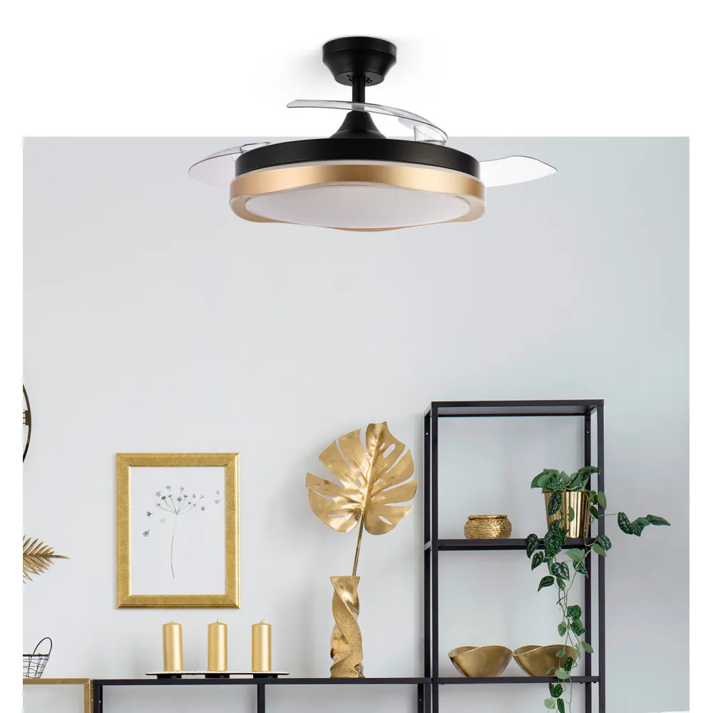 Ventilador Dc Blondi Negro/oro 72w 3aspas 107d 7200lm 6vel 3000k,4500k,6000k, Remoto+temporizador+memoria
