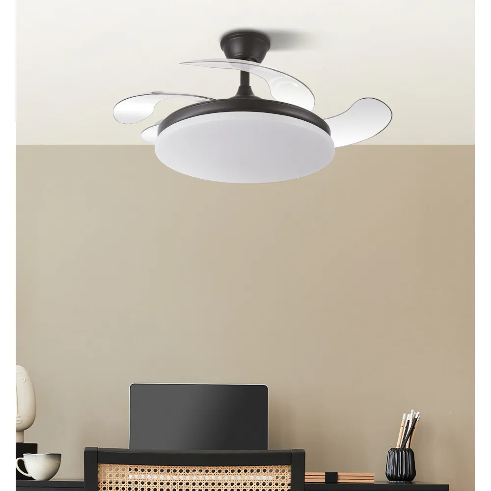 Ventilador Dc Tridente 59w Negro 4aspas Desp. 107d 6980lm Reg.intensidad Remoto+temporizador+memoria 3000-4000-6000k