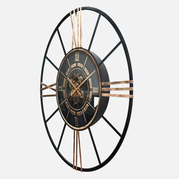 Reloj De Pared Cañete Negro/oro 120x120x8cm Engranajes Con Movimiento