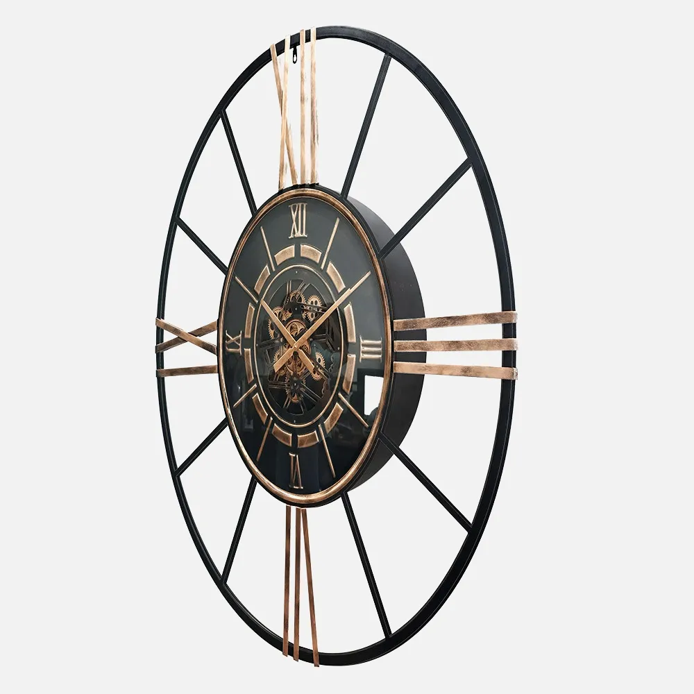 Reloj De Pared Cañete Negro/oro 120x120x8cm Engranajes Con Movimiento