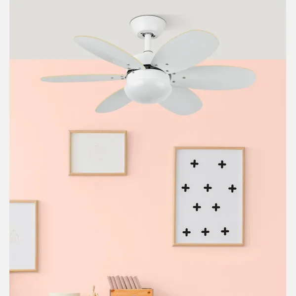 Ventilador Dc Alves 2xe27 Blanco Con 6 Aspas Rev. Blanco/haya 41x85d  C/ Remoto Y Temporizador