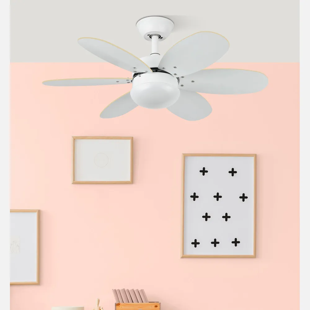 Ventilador Dc Alves 2xe27 Blanco Con 6 Aspas Rev. Blanco/haya 41x85d  C/ Remoto Y Temporizador