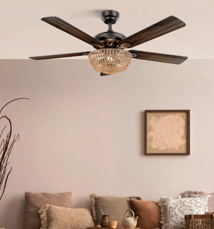 Ventilador Dc Cesta Negro 3xe27 5 Aspas Nogal/roble 6 Velocidades 55/67x132x132cm C/remoto Y Temporizador