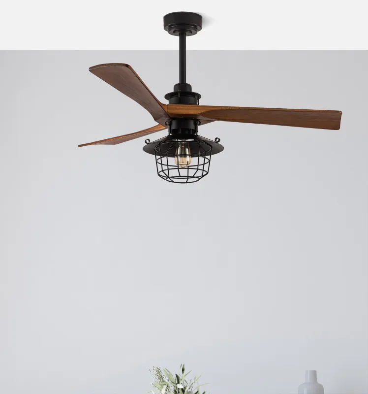 Ventilador Dc Vulturno Negro 1xe27 3 Aspas Roble  6 Velocidades C/remoto Y Temporizador 53/65,5x132x132 Cm